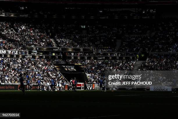General view shows players competing during the French Top 14 union semi-final rugby match between Racing 92 and Castres Olympique on May 26, 2018 at...