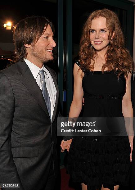 Musician Keith Urban and actress Nicole Kidman arrive at the 2010 MusiCares Person Of The Year Tribute To Neil Young at the Los Angeles Convention...