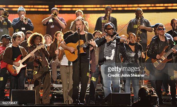 Musicians Tim Reynolds, Dave Matthews and Boyd Tinsley of the Dave Matthews Band onstage at the 52nd Annual GRAMMY Awards rehearsals day 2 at Staples...