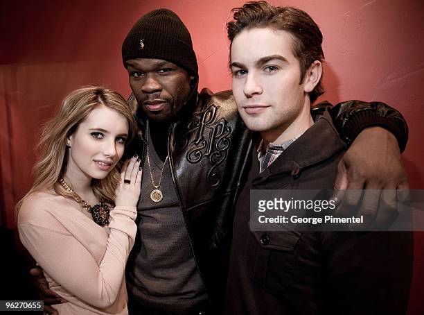 Actors Emma Roberts, Curtis "50 Cent" Jackson and Chace Crawford attend the "Twelve" portraits session at Silver Queen Gallery on January 29, 2010 in...