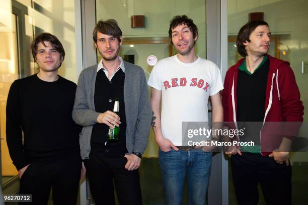 Jan Mueller, Dirk von Lowtzow, Rick McPhail, Arne Zank of Tocotronic pose backstage at Radio Sputnik on January 29, 2010 in Halle, Germany.