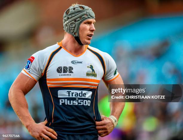 Brumbies's David Pocock stands on the pitch during the SuperRugby match between the Vodacom Bulls and ACT Brumbies on May 26, 2018 at Loftus...