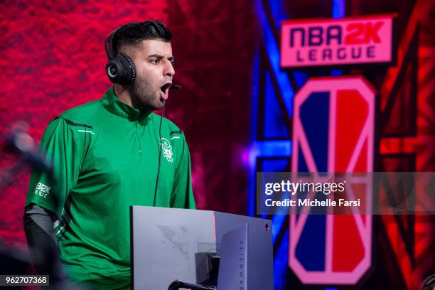 Mel East of Celtics Crossover Gaming reacts against Pistons Gaming Team on May 26, 2018 at the NBA 2K League Studio Powered by Intel in Long Island...