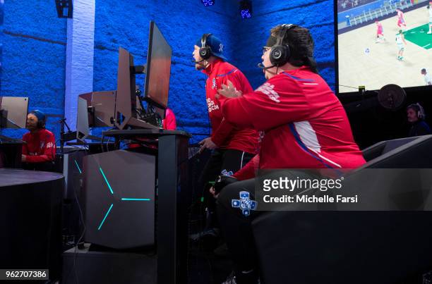 Lets Get It Ramo and Rux of Pistons Gaming react against Celtics Crossover Gaming on May 26, 2018 at the NBA 2K League Studio Powered by Intel in...