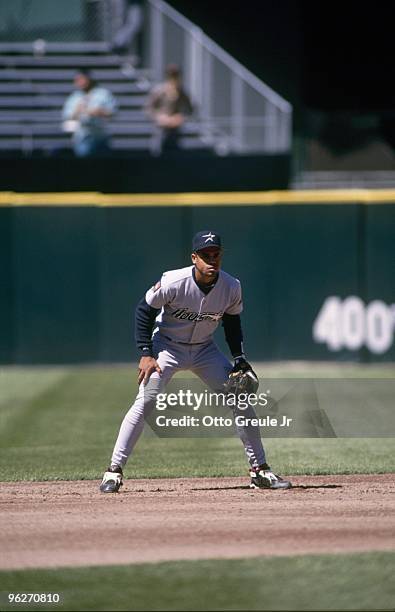 Andujar Cedeno of the Houston Astros gets into his defensive stance during their MLB game against the San Francisco Giants circa June 1994 at...