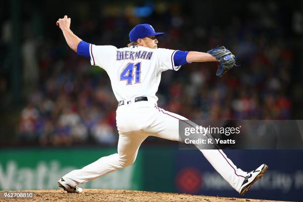 Jake Diekman of the Texas Rangers throws in the eight inning against the Boston Red Sox at Globe Life Park in Arlington on May 4, 2018 in Arlington,...