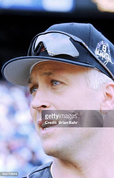 Cal Ripken Jr. #8 of the American League and Baltimore Orioles looks on during the 1998 MLB All-Star Game Home Run Derby at Coors Field on July 6,...