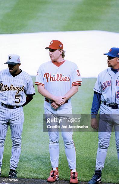 National League players Tony Womak of the Pittsburgh Pirates, Curt Schilling of the Philadelphia Phillies and Bobby Jones of the New York Mets stand...