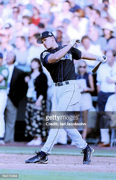 Alex Rodriguez of the American League and Seattle Mariners bats during the 1998 MLB All-Star Game Home Run Derby at Coors Field on July 6, 1998 in...