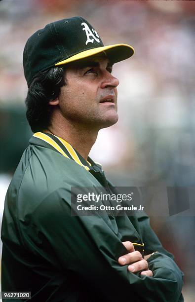 Manager Tony LaRussa of the Oakland Athletics looks on during an MLB game circa 1986 at the Oakland-Alameda County Coliseum in Oakland, California.