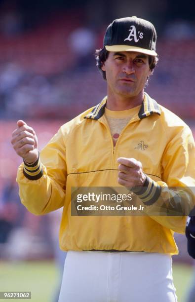 Manager Tony LaRussa of the Oakland Athletics looks on during batting practice prior to an MLB game circa 1988 at the Oakland-Alameda County Coliseum...