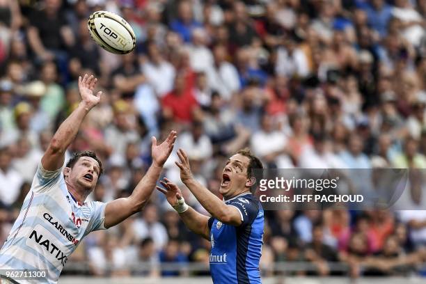Racing 92's French centre Henry Chavancy vies with Castres' French fly-half Benjamin Urdapilleta during the French Top 14 rugby union semi-final...