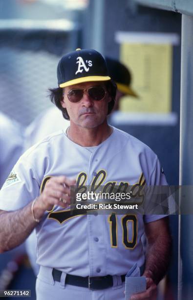 Manager Tony LaRussa of the Oakland Athletics paces in the dugout during their MLB game against the Boston Red Sox at Fenway Park on May 23, 1992 in...