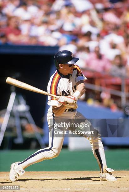 Craig Biggio of the Houston Astros swings at the pitch during a 1989 season game. Craig Biggio played for the Astros from 1988-2007.