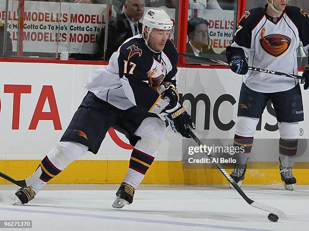 Ilya Kovalchuk of the Atlanta Thrashers in action against The Philadelphia Flyers during their game on January 28, 2010 at The Wachovia Center in...