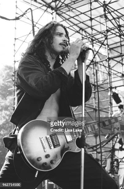 Chris Cornell of Soundgarden performs during Lollapalooza 1992 at Waterloo Village in Stanhope, New Jersey on August 11, 1992 in Stanhope, New Jersey.