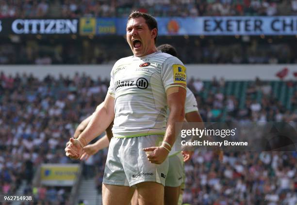 Alex Goode of Saracens celebrates after Saracens score a try during the Aviva Premiership Final between Exeter Chiefs and Saracens at Twickenham...