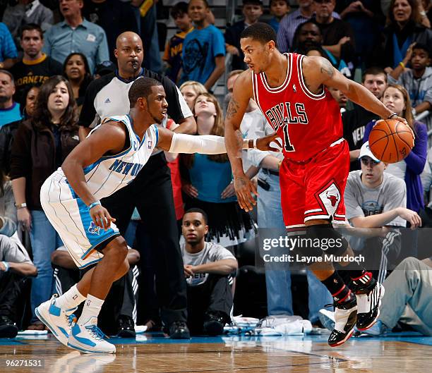 Chris Paul of the New Orleans Hornets guards Derrick Rose of the Chicago Bulls on January 29, 2010 at the New Orleans Arena in New Orleans,...