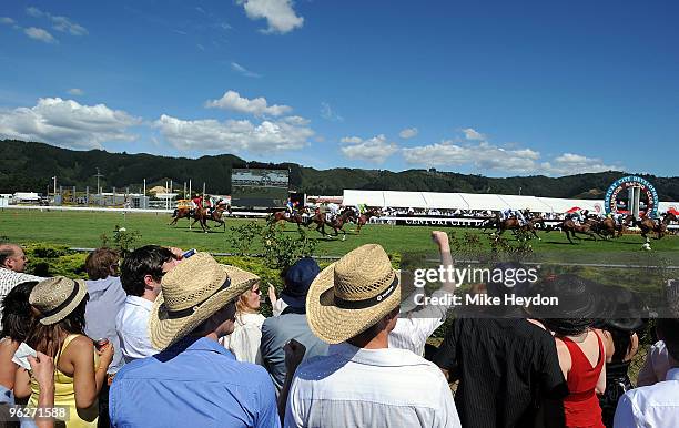 The crowd watch race 7 during the Wellington Cup Day meeting at Trentham Racecourse on January 30, 2010 in Wellington, New Zealand.