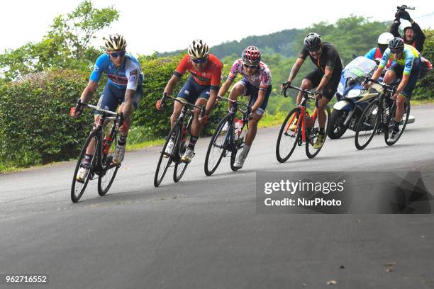 Slovenian rider Grega Bole from Bahrain - Merida Team leads five men breakaway during Izu stage, 120.8km on Izu-Japan Cycle Sports Center Road...