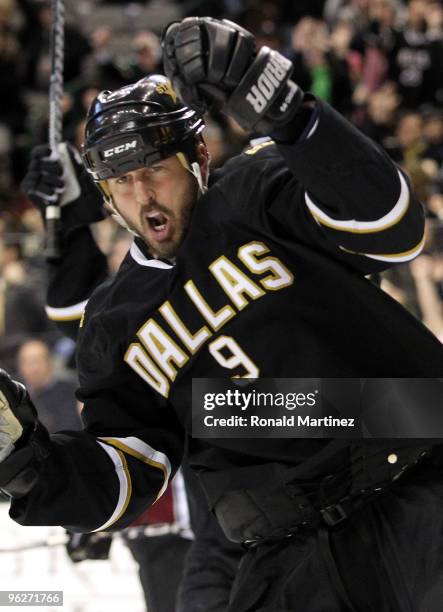 Center Mike Modaono of the Dallas Stars celebrates a goal against the Colorado Avalanche in the third period on January 29, 2010 in Dallas, Texas.