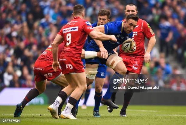 Dublin , Ireland - 26 May 2018; Jack Conan of Leinster is tackled by Hadleigh Parkes of Scarlets during the Guinness PRO14 Final between Leinster and...