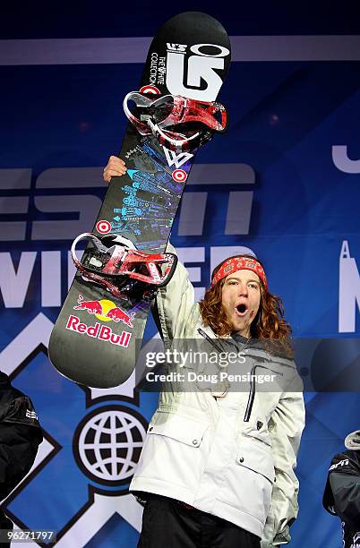 Shaun White takes the podium after winning the gold medal in the Men's Snowboard Superpipe at Winter X Games 14 at Buttermilk Mountain on January 29,...