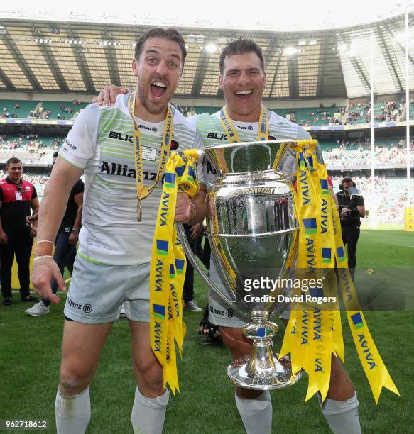 Chris Wyles and Schalk Brits of Saracens celebrates their victory during the Aviva Premiership Final between Exeter Chiefs and Saracens at Twickenham...