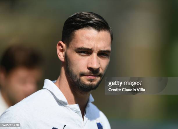 Mattia De Sciglio of Italy looks on prior to the Italy training session at Centro Tecnico Federale di Coverciano on May 26, 2018 in Florence, Italy.
