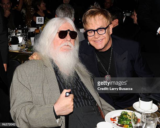 Musicians Leon Russell and Elton John attend the 2010 MusiCares Person Of The Year Tribute To Neil Young at the Los Angeles Convention Center on...