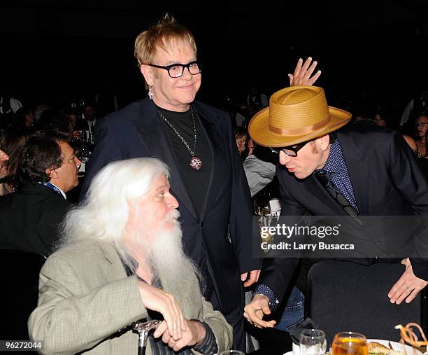 Musicians Leon Russell, Elton John and Elvis Costello attend the 2010 MusiCares Person Of The Year Tribute To Neil Young at the Los Angeles...