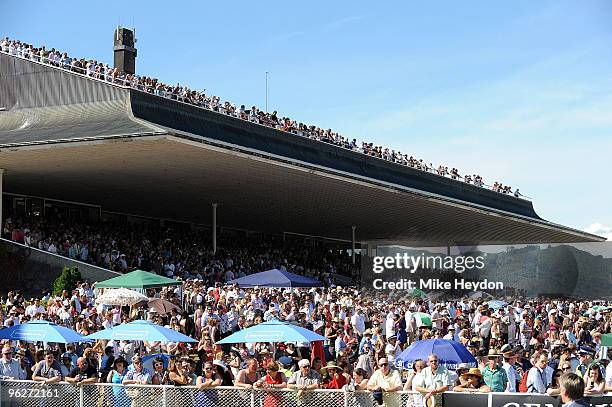 The crowd in the main stand during the Wellington Cup Day meeting at Trentham Racecourse on January 30, 2010 in Wellington, New Zealand.