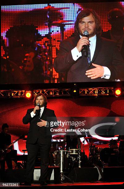 Host Jack Black speaks onstage at the 2010 MusiCares Person Of The Year Tribute To Neil Young at the Los Angeles Convention Center on January 29,...