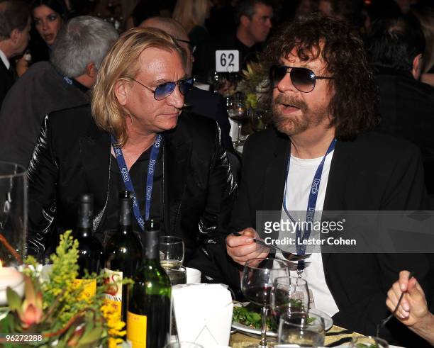 Musicians Joe Walsh and Jeff Lynne attend the 2010 MusiCares Person Of The Year Tribute To Neil Young at the Los Angeles Convention Center on January...