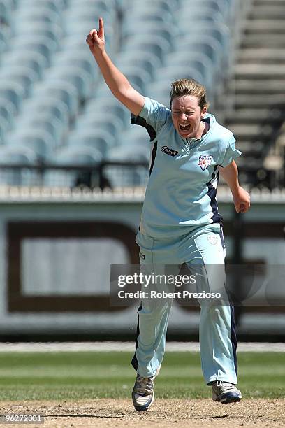 Sarah Coyte of the Breakers celebrates the wicket of Julie Hunter of the Spirit during the WNCL Final match between the NSW Breakers and the DEC...