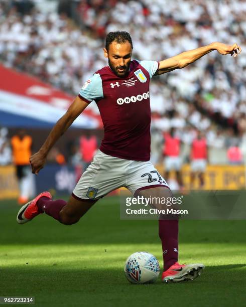 Ahmed Elmohamady of Aston Villa crosses the ball during the Sky Bet Championship Play Off Final between Aston Villa and Fulham at Wembley Stadium on...