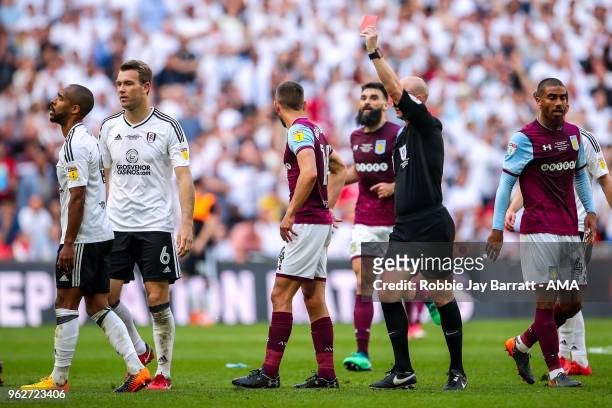 Denis Odoi of Fulham receives a red card for a second yellow during the Sky Bet Championship Play Off Final between Aston Villa and Fulham at Wembley...