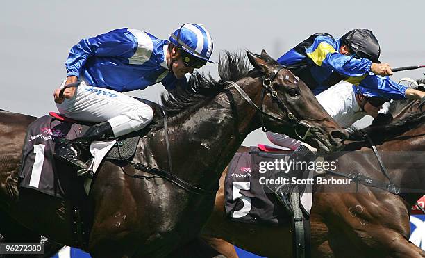 Jockey Steven Arnold riding Our Aqaleem wins the Henry Bucks Best Dressed during the Coolmore Lightning Stakes Day meeting at Flemington Racecourse...