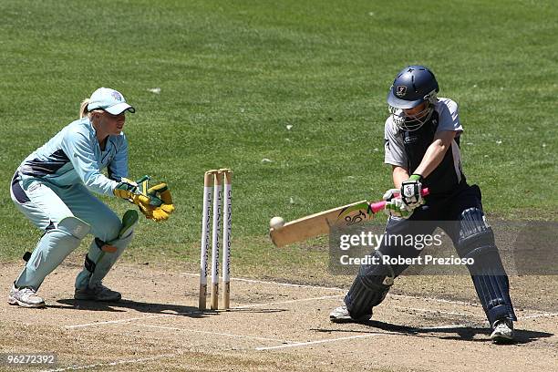 Jess Cameron of the Spirit plays a shot during the WNCL Final match between the NSW Breakers and the DEC Victoria Spirit held at the Melbourne...