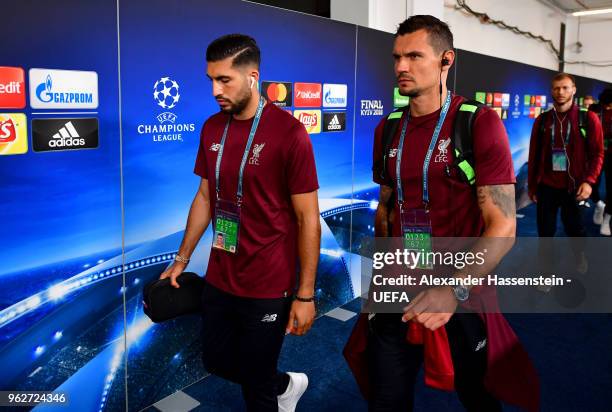 Emre Can of Liverpool and Dejan Lovren of Liverpool arrive at the stadium prior to the UEFA Champions League Final between Real Madrid and Liverpool...