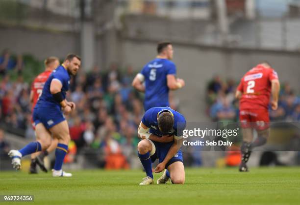 Dublin , Ireland - 26 May 2018; Jonathan Sexton of Leinster reacts following a tackle by Scott Williams of Scarlets during the Guinness PRO14 Final...