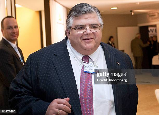 Agustin Carstens, governor of the central bank of Mexico, walks between sessions on day three of the 2010 World Economic Forum annual meeting in...