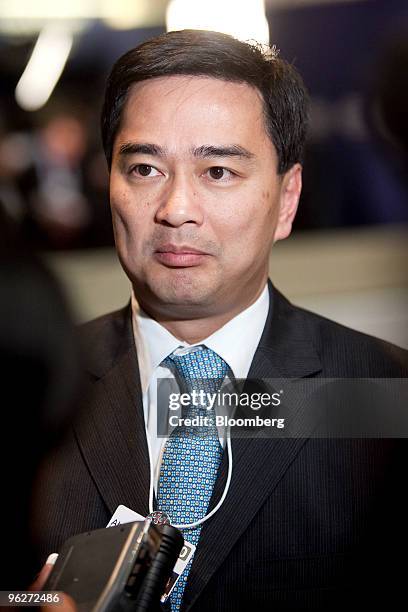 Abhisit Vejjajiva, prime minister of Thailand, speaks during an interview between sessions on day three of the 2010 World Economic Forum annual...