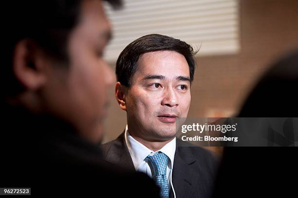 Abhisit Vejjajiva, prime minister of Thailand, speaks during an interview between sessions on day three of the 2010 World Economic Forum annual...