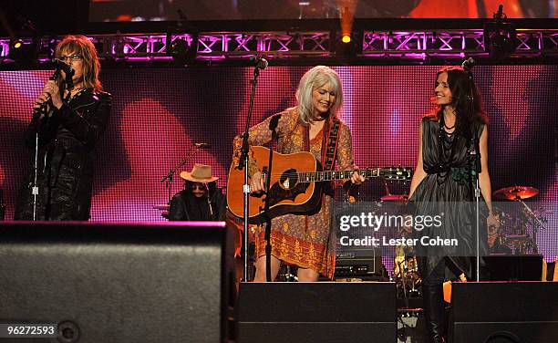 Musicians Lucinda Williams, Emmylou Harris and Patty Griffin perform onstage at the 2010 MusiCares Person Of The Year Tribute To Neil Young at the...