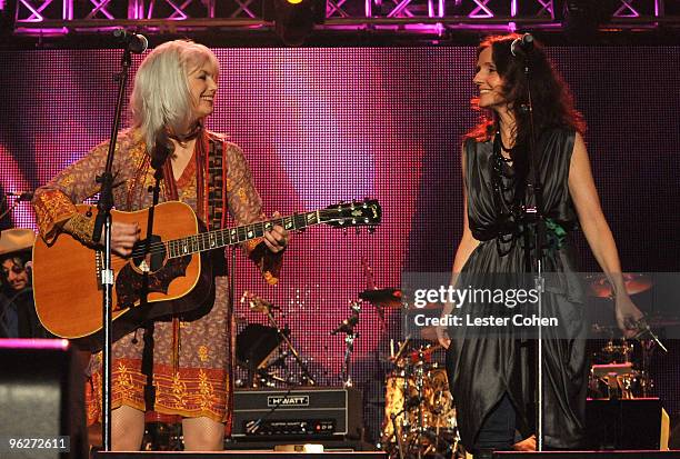 Musicians Emmylou Harris and Patty Griffin perform onstage at the 2010 MusiCares Person Of The Year Tribute To Neil Young at the Los Angeles...