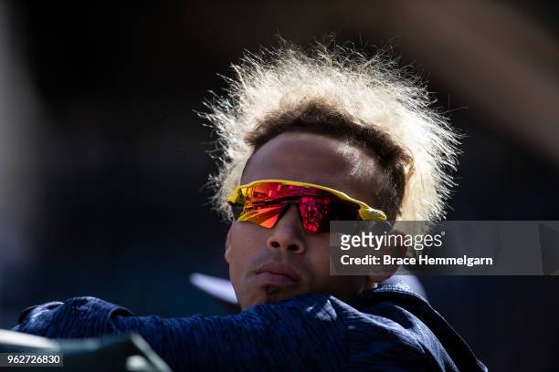 Orlando Arcia of the Milwaukee Brewers looks on against the Minnesota Twins on May 20, 2018 at Target Field in Minneapolis, Minnesota. The Twins...