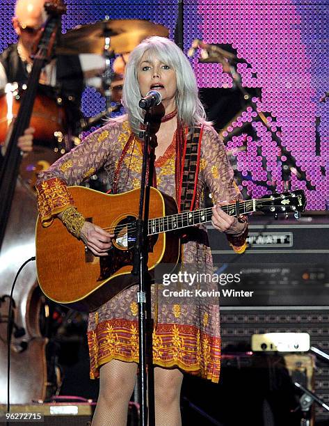 Musician Emmylou Harris performs onstage at the 2010 MusiCares Person Of The Year Tribute To Neil Young at the Los Angeles Convention Center on...