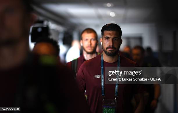 Emre Can of Liverpool arrives at the stadium prior to the UEFA Champions League Final between Real Madrid and Liverpool at NSC Olimpiyskiy Stadium on...