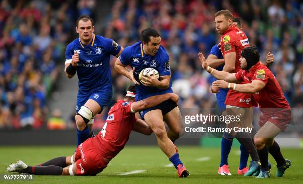 Dublin , Ireland - 26 May 2018; James Lowe of Leinster is tackled by Lewis Rawlins of Scarlets during the Guinness PRO14 Final between Leinster and...